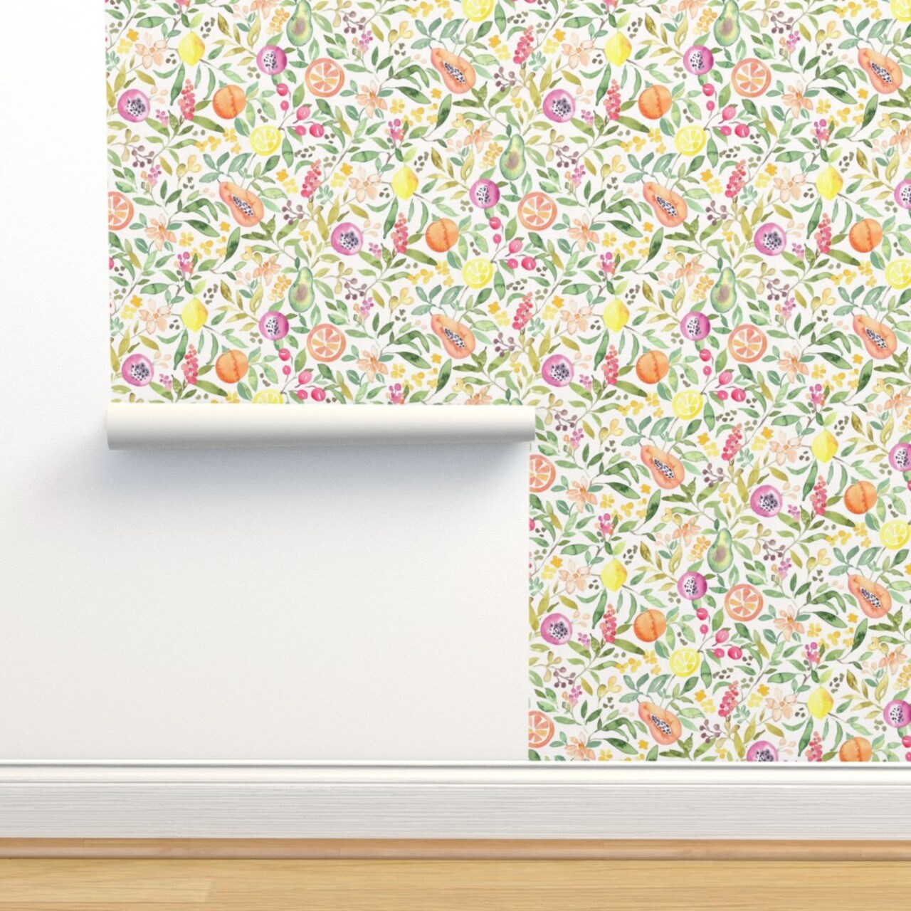 Watercolor Fruit Tropical Summer Floral Citrus Orange Avocado Papaya Lemon Peach Custom Removable Wallpaper by Spoonflower Peel & Stick Wallpaper 2FT Wide